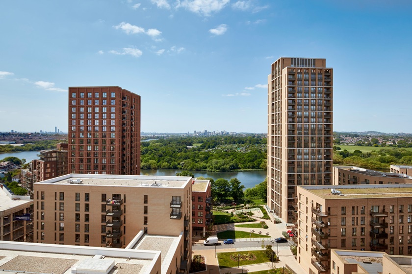 West Hendon Broadway development aerial view showing the waterside location and architectural design