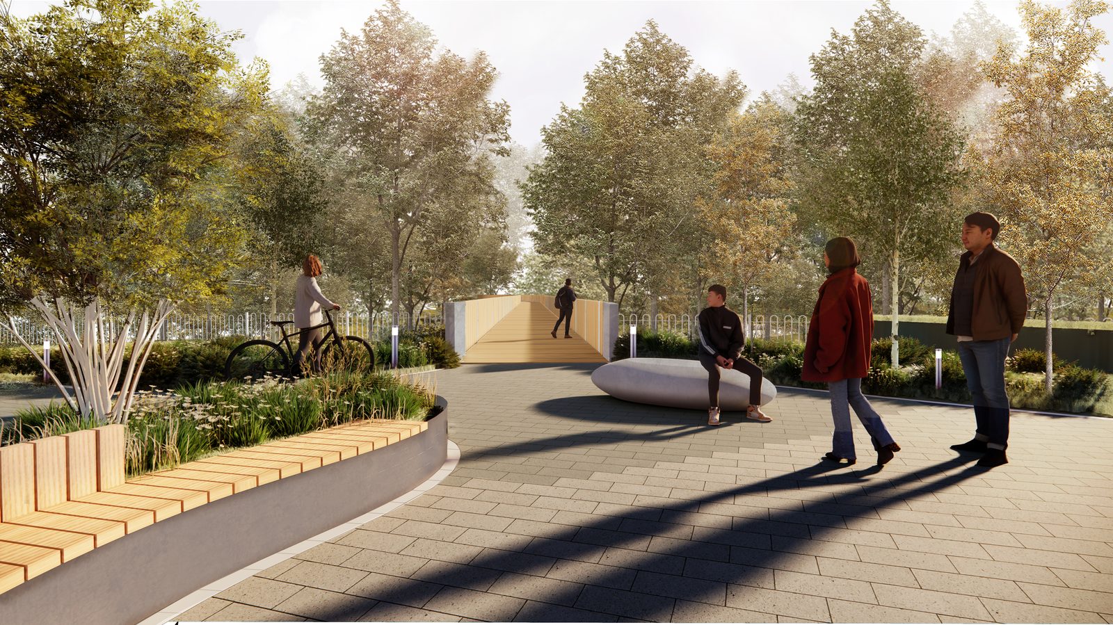 Silk Stream Bridge view from the east landing showing the pedestrian footbridge design