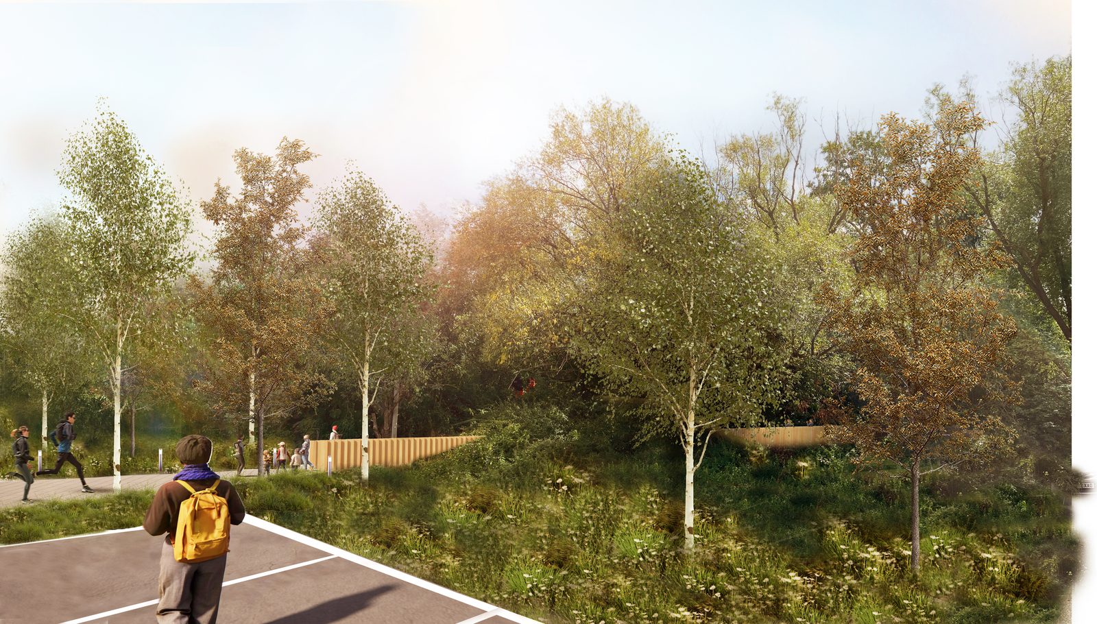 Silk Stream Bridge view from the west landing showing the pedestrian footbridge design