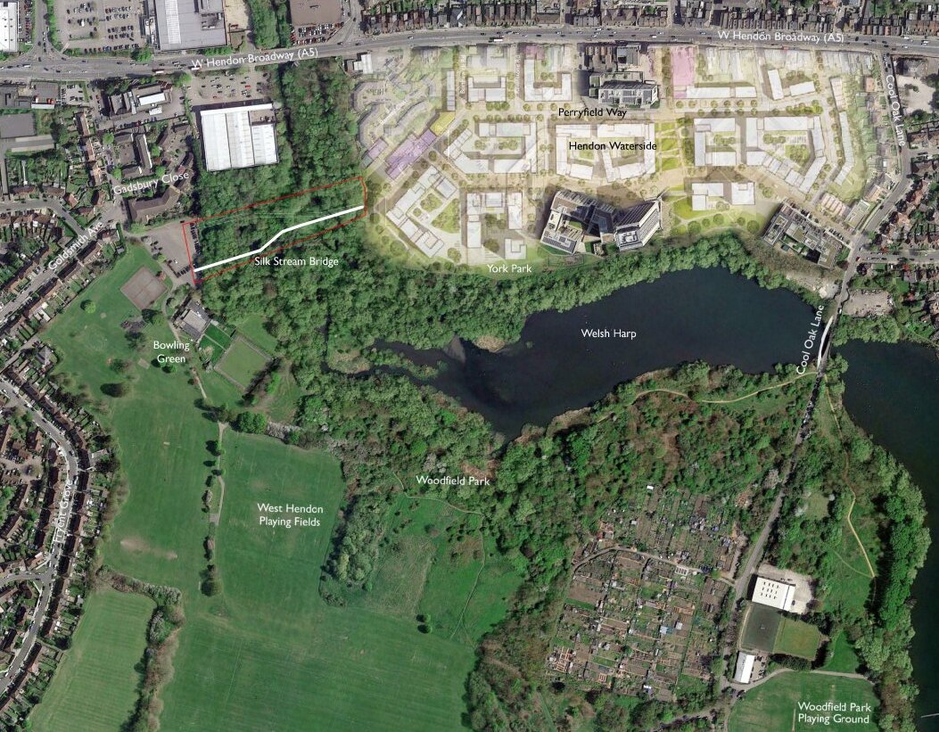 Location plan showing the Silk Stream Bridge site context, spanning from the Hendon Waterside development across to West Hendon Playing Fields and York Park